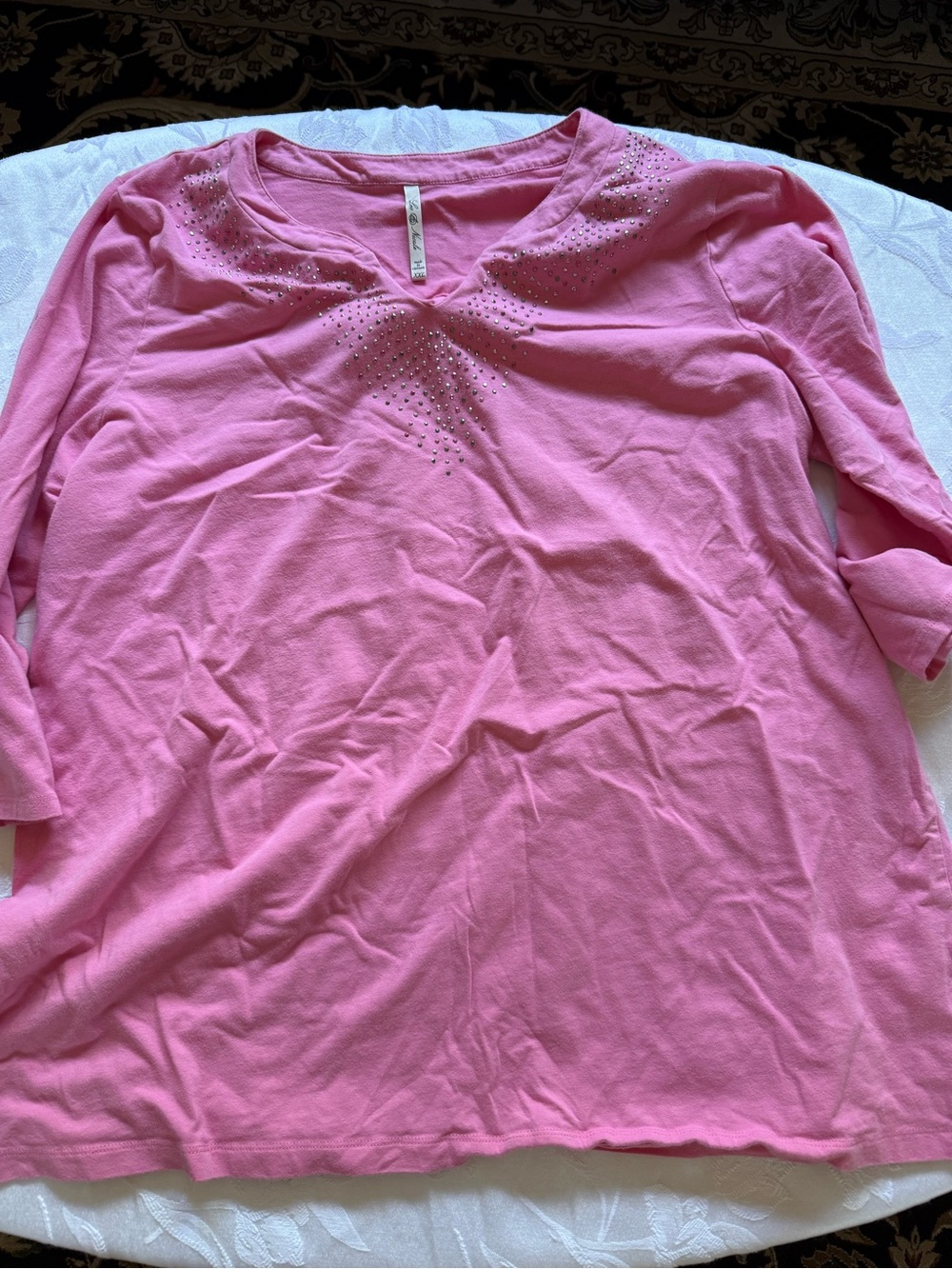 Leo & Nicole Pink Cotton 3/4 sleeve tee with Rhinestones